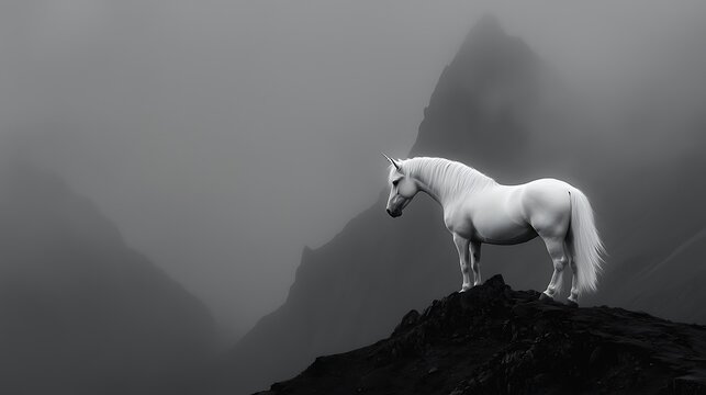 Majestic white horse on misty mountain peak