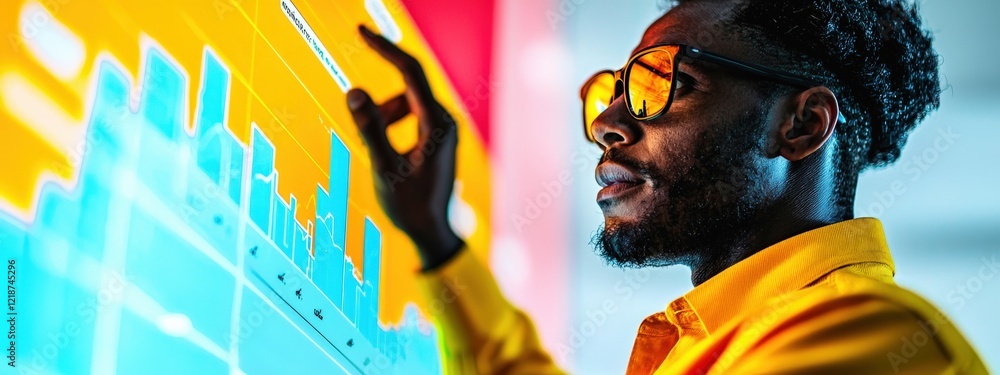 Poster professional analyzing data on colorful digital screen in modern office with thoughtful expression a