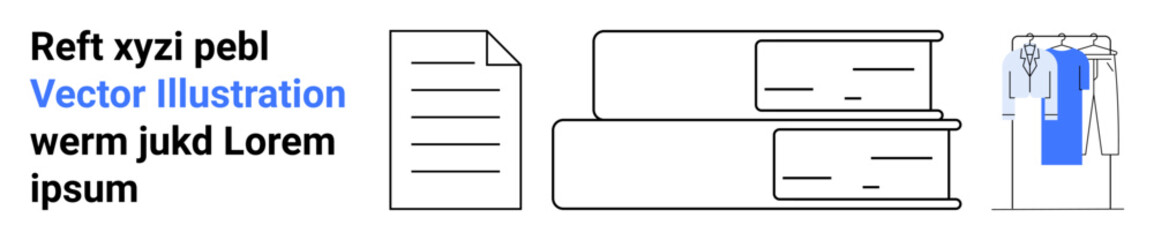 Text with blue highlight, paper document icon, stacked files, and hanging clothes. Ideal for office organization, workflow visualization, productivity, information management, minimalism corporate