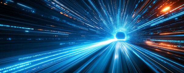 Naklejka premium Blue background with a light speed effect and geometric shapes for a technology vector presentation design concept.