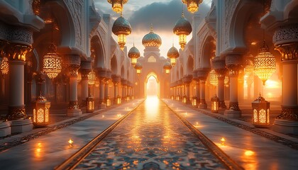 Fototapeta premium Sunset View Through an Ornate Mosque Corridor with Arches and Glowing Lanterns