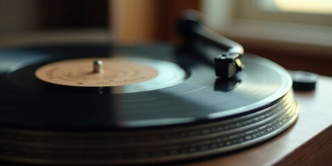Close-up view of a vinyl record spinning on a turntable, showcasing the detail of the record's surface and the tonearm's precise movement during playback.