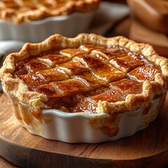 Homemade apple pie with golden lattice crust on wooden board