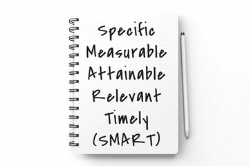 Specific, Measurable, Attainable, Relevant, Timely (SMART) inscription text words on notepad page