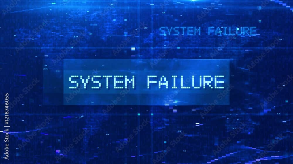 Aufkleber system failure digital text animation over futuristic world map and hud effects