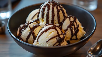 Decadent vanilla ice cream drizzled with chocolate sauce in modern bowl setting : Generative AI