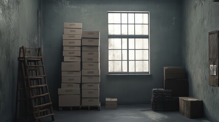 Cardboard boxes stacked high in a dimly lit warehouse room