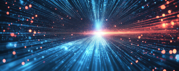 Blue background with a light speed effect and geometric shapes for a technology vector presentation design concept.