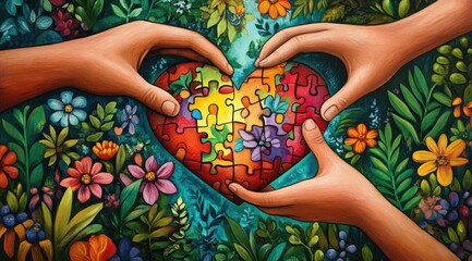 Two hands forming a heart with colorful puzzle pieces, surrounded by vibrant flowers and foliage.
