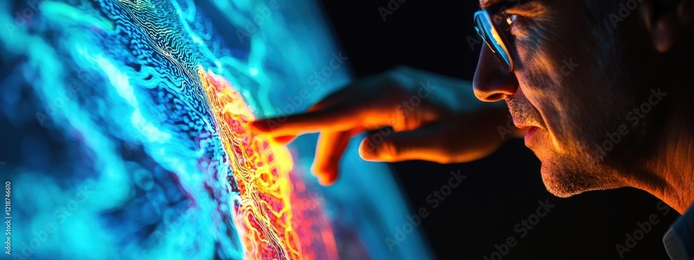 Poster person analyzing digital data visualization with focus on technology and innovation in a dark room