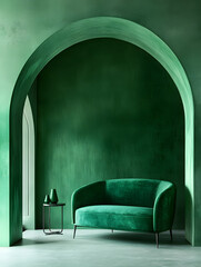 Green luxury soft comfortable sofa on a green plain background. Neural network AI generated art