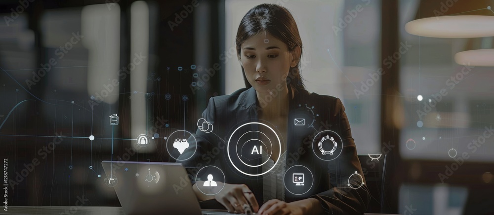 Aufkleber in a modern office, a focused businesswoman utilizes advanced ai technology with a holographic inter