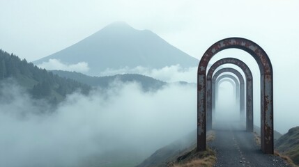 Mysterious arched pathway leading through misty mountain landscape towards a distant peak