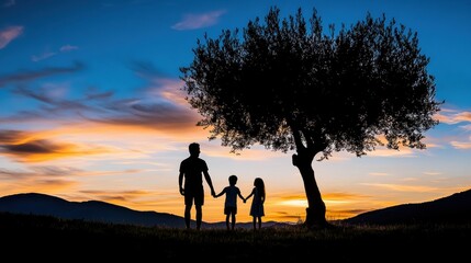 Silhouette of a Father and Two Children Holding Hands Near a Tree Against a Beautiful Sunset Sky with Vibrant Colors in Nature