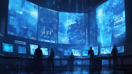 A futuristic command center with multiple screens displaying complex data and silhouettes of people