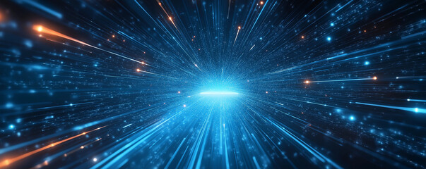 Naklejka premium Blue background with a light speed effect and geometric shapes for a technology vector presentation design concept.