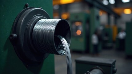 Fototapeta premium Industrial Coil Unwinding Close-up View of Metal Wire Emerging from a Factory Machine
