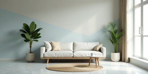 Serene Living Room Interior Design with Light Blue Accent Wall and Natural Elements
