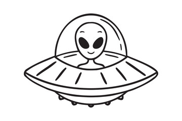 UFO space ship or alien space ship. Futuristic flying space ship doodle hand drawn icon. Outline drawing UFO space ship line clipart symbol