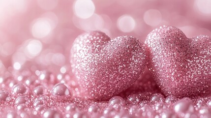 Fototapeta premium Pink glitter hearts, pearl backdrop, bokeh, Valentine's