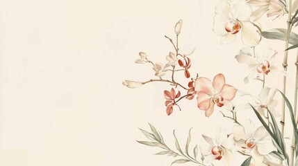 Elegant Watercolor Orchids: A serene floral composition of delicate peach and ivory orchids blooming against a soft beige backdrop, evoking tranquility and natural beauty.