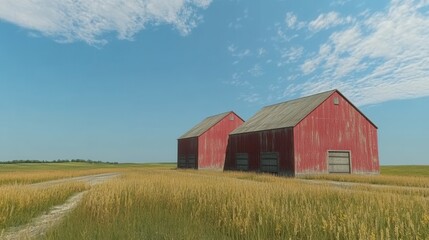 Obraz premium Two Rustic Red Barns Stand in a Golden Field