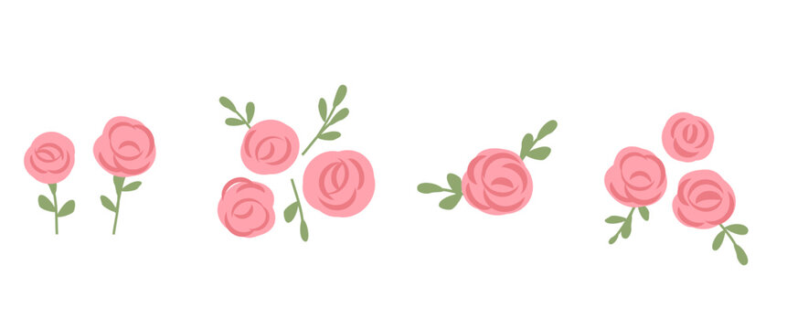 Set of pink rose flower with green branches icon sign isolated on white background vector.