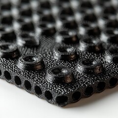 Close-up of textured black rubber mat with circular patterns and dimpled design
