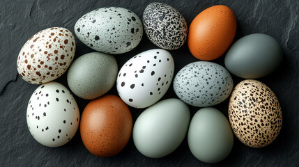 An array of bird eggs with diverse colors and speckled patterns, highlighting the uniqueness of each egg