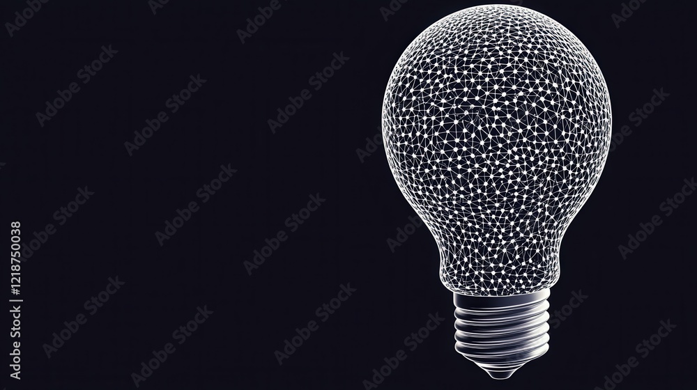 Poster abstract light bulb design featuring network of geometric lines and dots against a dark background
