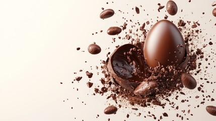 Fototapeta premium Chocolate eggs surrounded by splashes of cocoa powder and liquid chocolate on a white background. Concept of sweetness