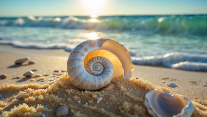Seashell on Sandy Beach, Ocean Waves, Sunrise, Summer