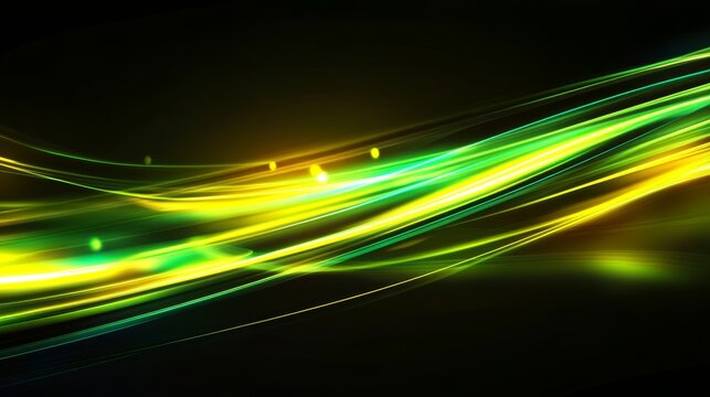 Abstract futuristic background with glowing green and yellow neon wave lines moving at high speed, bokeh lights, and digital data transfer concept, perfect for technology and innovation themes, sci-fi