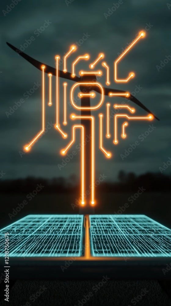 Poster futuristic energy concept representing technology and renewable power with circuit patterns and dark