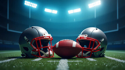 High-res banner for American football Sunday showcasing helmets against a blue backdrop, perfect for the big game, generative ai