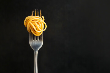 Fork with spaghetti and black background.