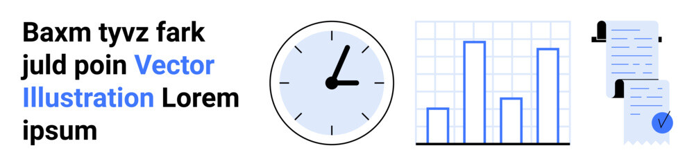 Clock showing time, blue bar chart on grid background, stacked documents with icon and checkmark. Ideal for data presentation, time management, infographics, business reports, marketing material