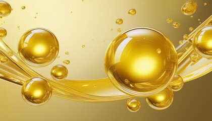 golden yellow bubbles oil collagen serum molecule cosmetic product 3d rendering fuel natural crude gasoline liquid power background olive gold nature dripped pour organic concept water ingredient