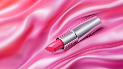 A creative advertising composition featuring a lipstick tube resting on silky fabric, paired with an image of glossy lips in the background