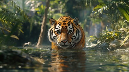 Rare tiger prowling through lush jungle nature photography gigapixel detail close-up perspective