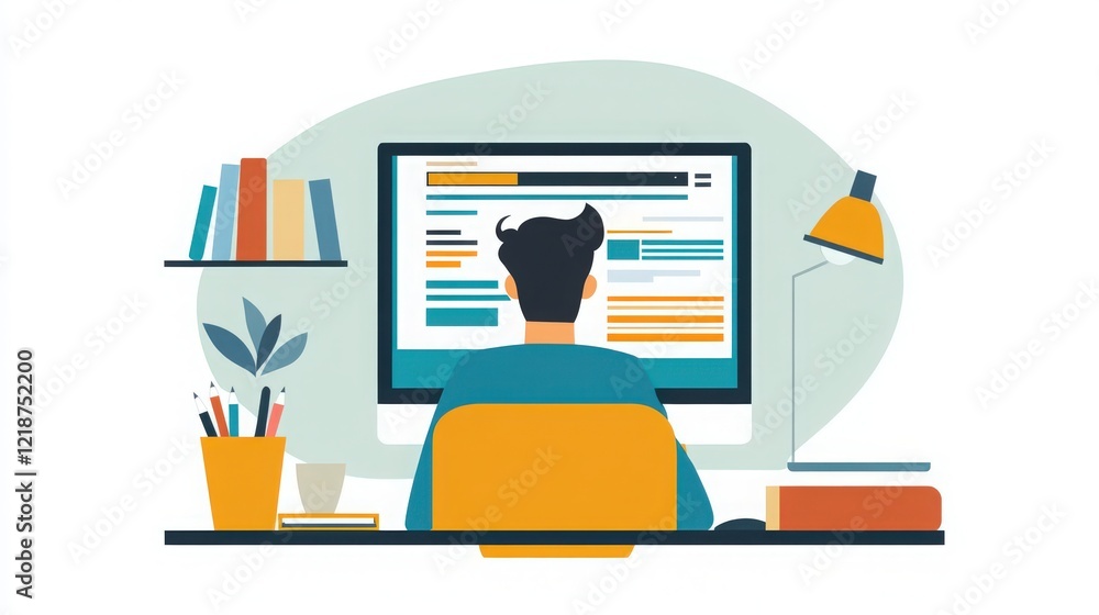 Poster person working at computer desk with books and lamp in minimalist style design