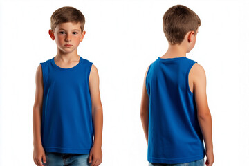 boy wearing a blue sleeveless t-shirt tank top mockup front and back used as a design template