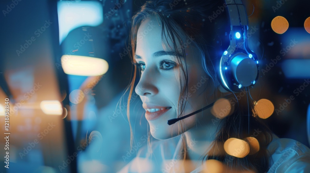 Aufkleber close-up of a young woman using a computer and wearing a headset with blue neon lights. focused on h