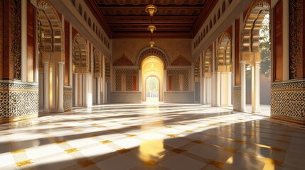 Fototapeta premium Sunlit Palace Corridor With Ornate Arches and Mosaic Tiles