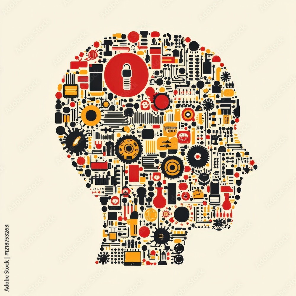 Poster creative representation of human head made with colorful technology and security elements in digital