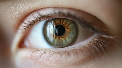 Close-up of a hazel eye, showing detail of iris, pupil, and lashes.