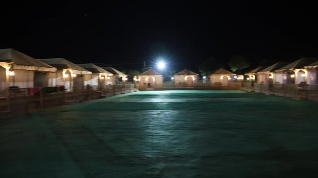 traditional tent campsite at night from flat angle