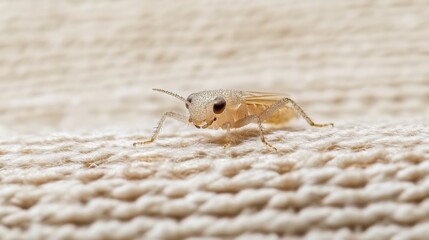 Close-up of a small, pale insect on a textured beige fabric.