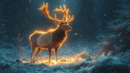 Glowing stag in a snowy winter landscape. Generative AI