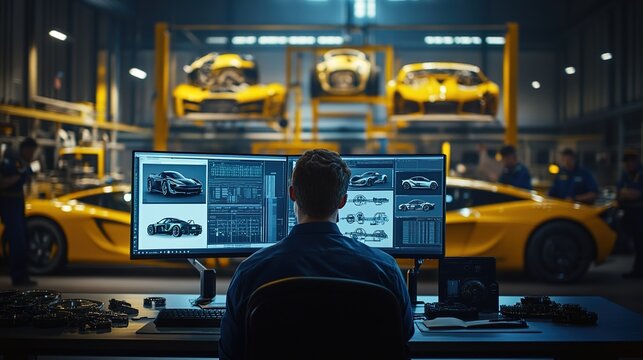 A professional in front of computer screen with multiple screens showing mechanical design software, sitting at desk facing wall full of car parts on display and surrounded by other workers working in